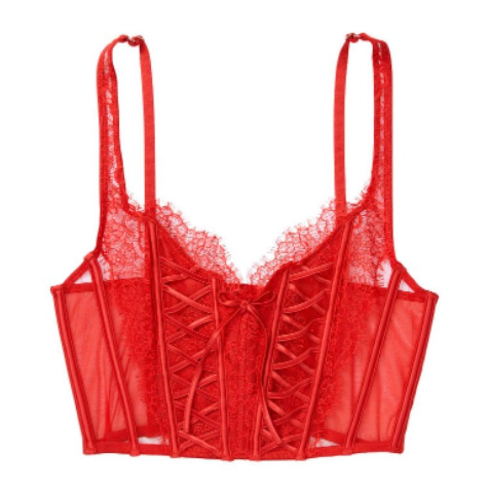 Victoria Secret "Unlined Lace-Up Corset Top & Dream Angels set" Size S/M in Red